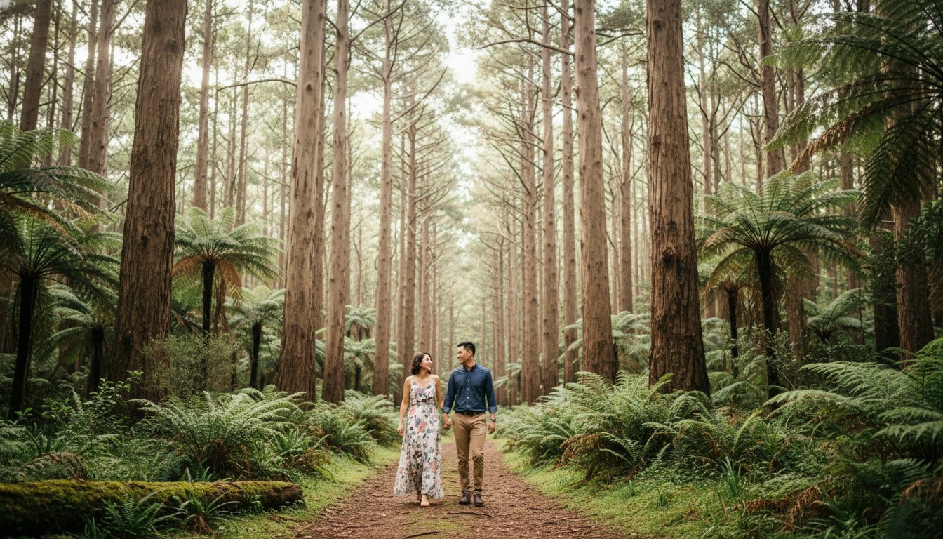 A couple sharing a tender, joyful moment under the majestic, towering gum trees and lush fern gullies of Sherbrooke Forest in the Dandenong Ranges, bathed in soft, diffused natural light. The photograph should capture the serene beauty of the Victorian forest, emphasizing the natural setting and their intimate connection.