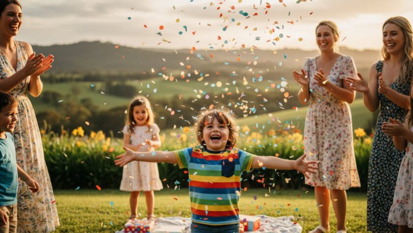 An epic moment of vibrant birthday party photography in Seville, Victoria, showing a child beaming with joy amidst a burst of colourful confetti, surrounded by cheering family members in a beautifully lit backyard setting.