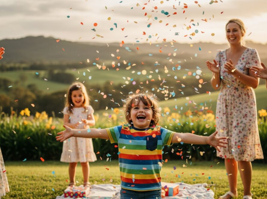 An epic moment of vibrant birthday party photography in Seville, Victoria, showing a child beaming with joy amidst a burst of colourful confetti, surrounded by cheering family members in a beautifully lit backyard setting.