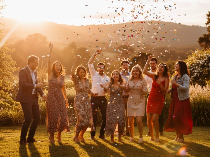An ecstatic group of friends cheering, captured with vibrant Clematis party photography for unforgettable celebrations, bathed in warm golden hour light during a lively outdoor gathering near the Clematis wetlands.