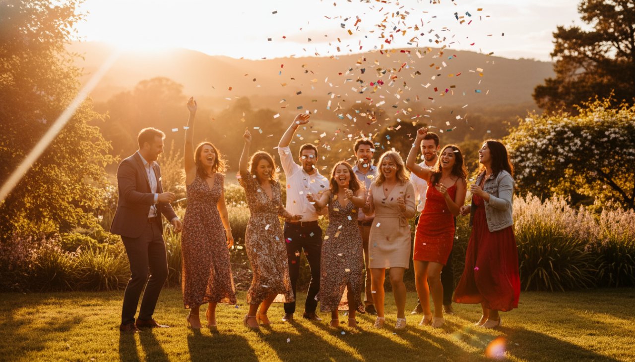 An ecstatic group of friends cheering, captured with vibrant Clematis party photography for unforgettable celebrations, bathed in warm golden hour light during a lively outdoor gathering near the Clematis wetlands.