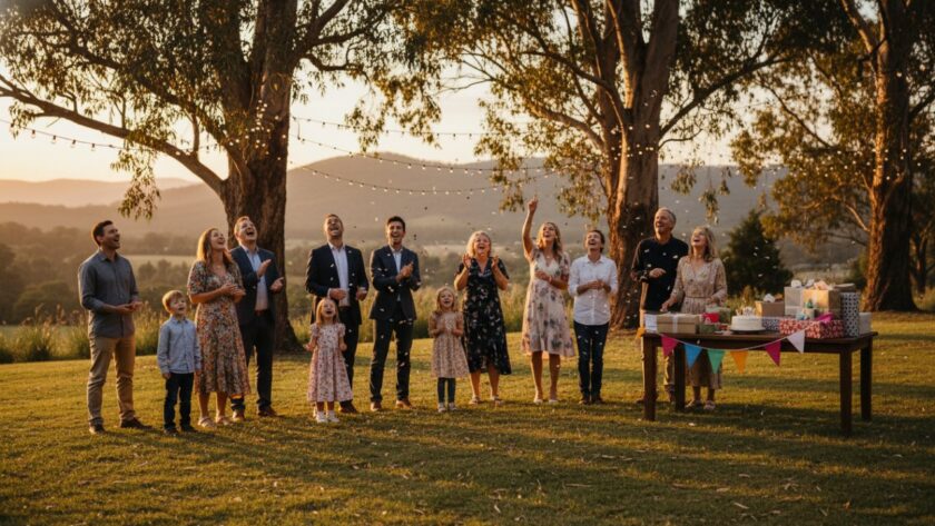 A vibrant Cockatoo party photography capturing candid joy, showing guests laughing and dancing under string lights at sunset, with the Dandenong Ranges in the background, a truly epic moment of celebration.
