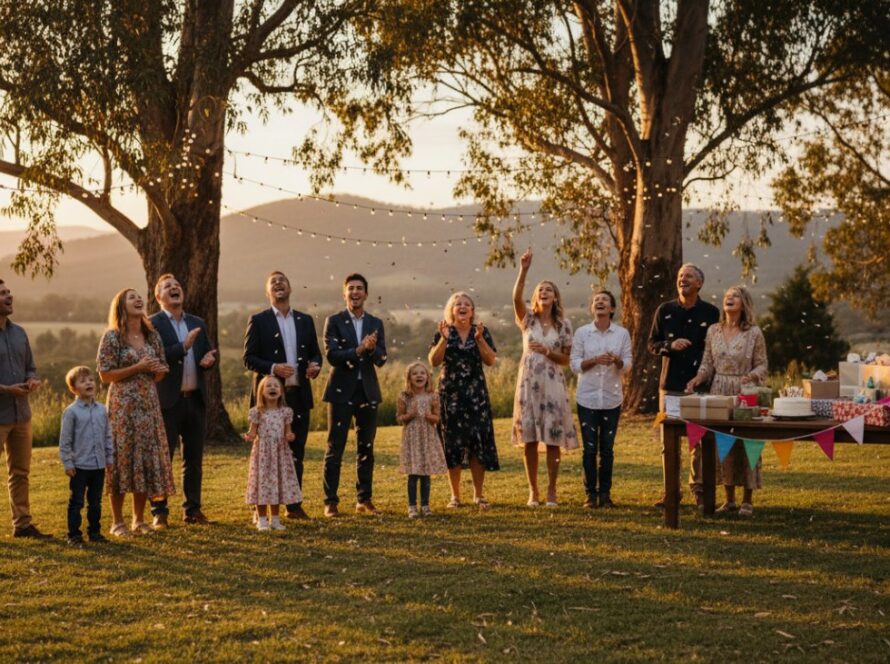 A vibrant Cockatoo party photography capturing candid joy, showing guests laughing and dancing under string lights at sunset, with the Dandenong Ranges in the background, a truly epic moment of celebration.