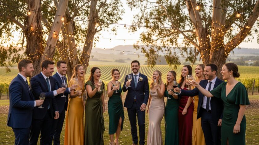 An epic moment of a group of friends laughing and toasting under fairy lights at a vibrant Coldstream winery party, captured with stunning clarity and rich colours.