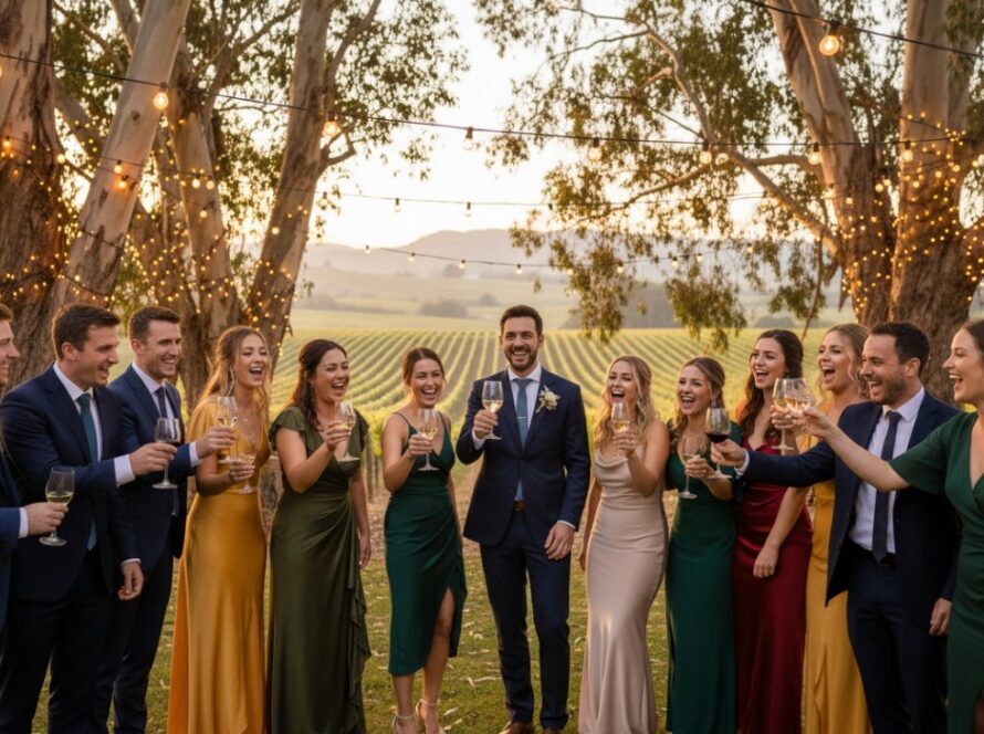 An epic moment of a group of friends laughing and toasting under fairy lights at a vibrant Coldstream winery party, captured with stunning clarity and rich colours.
