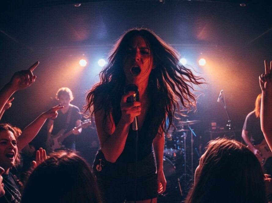 Dynamic wide shot capturing an electrifying moment of vibrant concert photography in Tremont, VIC, featuring a lead singer bathed in dramatic stage lighting, engaging with an enthusiastic crowd.