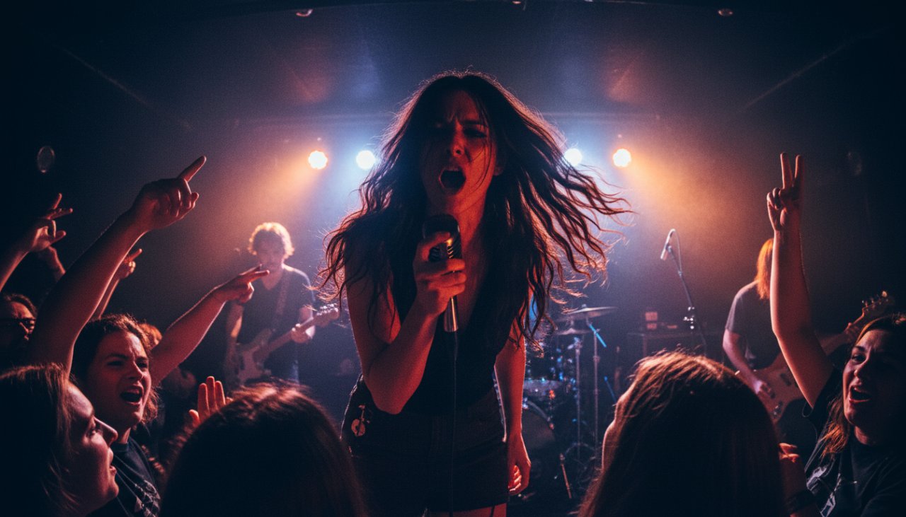 Dynamic wide shot capturing an electrifying moment of vibrant concert photography in Tremont, VIC, featuring a lead singer bathed in dramatic stage lighting, engaging with an enthusiastic crowd.