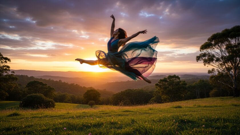 An epic moment captured during vibrant dance photography sessions in Cockatoo, featuring a powerful male dancer mid-leap against a backdrop of lush Dandenong Ranges greenery at sunset, light catching his dynamic form.