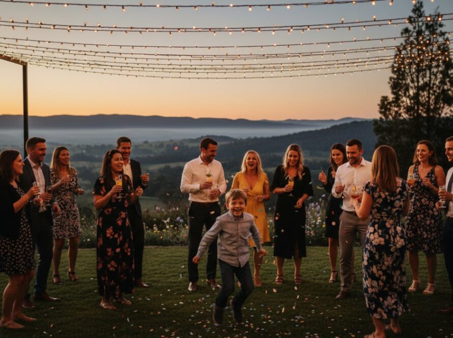 An aerial shot capturing the vibrant Kalorama birthday party photography, with guests laughing and dancing under string lights, a child blowing out candles, and the Dandenong Ranges in the background at sunset, embodying pure celebration.