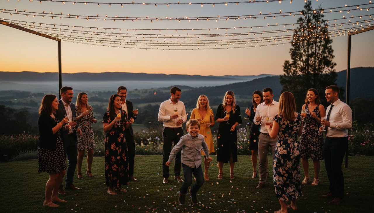 An aerial shot capturing the vibrant Kalorama birthday party photography, with guests laughing and dancing under string lights, a child blowing out candles, and the Dandenong Ranges in the background at sunset, embodying pure celebration.