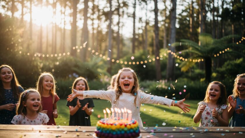 A wide-angle, vibrant kids party photography The Patch scene, capturing a child's joyful expression mid-laugh as they blow out birthday candles, surrounded by blurred, colourful partygoers in a beautifully decorated backyard setting, bathed in warm, late-afternoon sunlight.