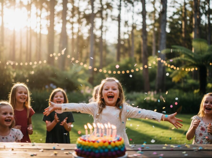 A wide-angle, vibrant kids party photography The Patch scene, capturing a child's joyful expression mid-laugh as they blow out birthday candles, surrounded by blurred, colourful partygoers in a beautifully decorated backyard setting, bathed in warm, late-afternoon sunlight.