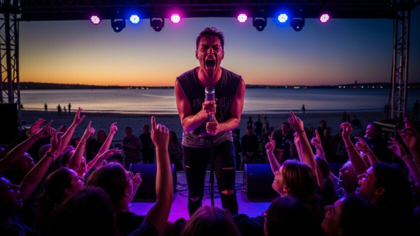 An electrifying close-up shot of a lead guitarist mid-shred at a beachside venue in Rye, Victoria, bathed in dramatic stage lighting, perfectly showcasing vibrant live music photography Rye Victoria.