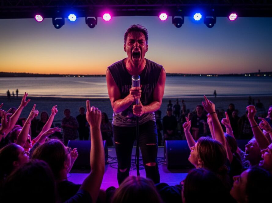 An electrifying close-up shot of a lead guitarist mid-shred at a beachside venue in Rye, Victoria, bathed in dramatic stage lighting, perfectly showcasing vibrant live music photography Rye Victoria.