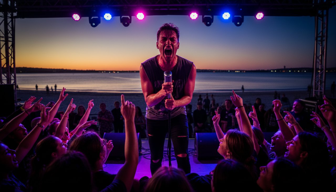 An electrifying close-up shot of a lead guitarist mid-shred at a beachside venue in Rye, Victoria, bathed in dramatic stage lighting, perfectly showcasing vibrant live music photography Rye Victoria.