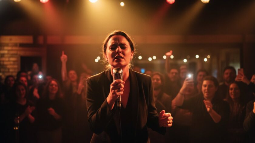 A musician passionately playing guitar on stage at a vibrant Selby community event, captured with dynamic lighting and an engaged crowd in the background, showcasing vibrant live music photography Selby community events.