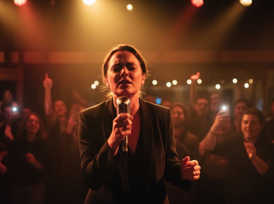 A musician passionately playing guitar on stage at a vibrant Selby community event, captured with dynamic lighting and an engaged crowd in the background, showcasing vibrant live music photography Selby community events.
