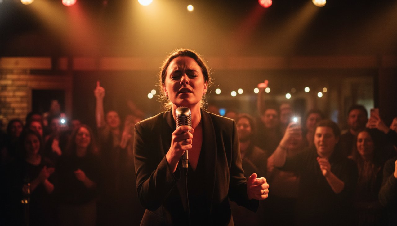A musician passionately playing guitar on stage at a vibrant Selby community event, captured with dynamic lighting and an engaged crowd in the background, showcasing vibrant live music photography Selby community events.