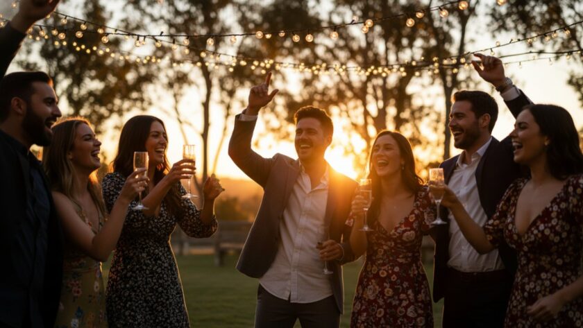 Vibrant party photography Launching Victoria capturing an epic moment: a group of friends cheering, laughing, and raising glasses under string lights at an outdoor evening party in Launching, with the glow of a sunset behind them.