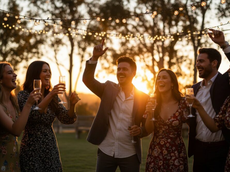 Vibrant party photography Launching Victoria capturing an epic moment: a group of friends cheering, laughing, and raising glasses under string lights at an outdoor evening party in Launching, with the glow of a sunset behind them.