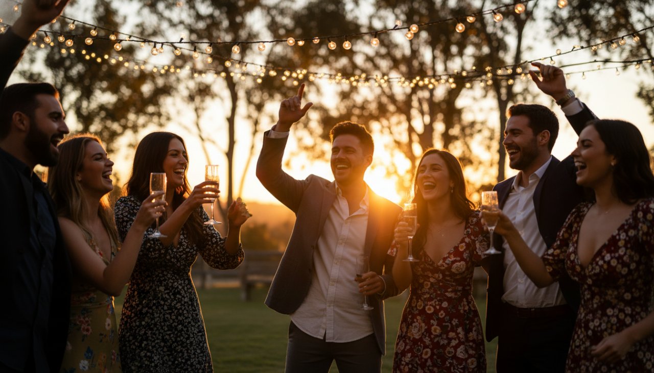 Vibrant party photography Launching Victoria capturing an epic moment: a group of friends cheering, laughing, and raising glasses under string lights at an outdoor evening party in Launching, with the glow of a sunset behind them.