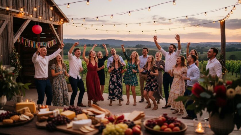 Vibrant Party Photography Steels Creek Victoria capturing an epic moment of friends laughing and dancing under string lights at a rustic barn celebration, with the scenic Yarra Valley hills in the soft evening light behind them.