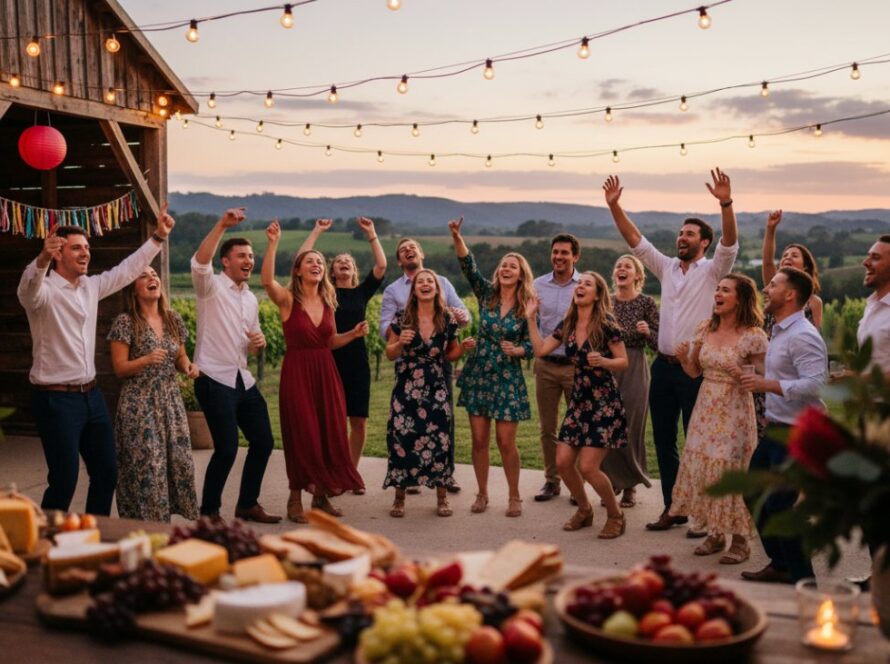 Vibrant Party Photography Steels Creek Victoria capturing an epic moment of friends laughing and dancing under string lights at a rustic barn celebration, with the scenic Yarra Valley hills in the soft evening light behind them.