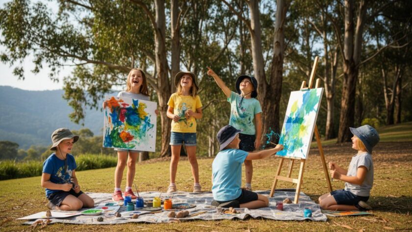 An energetic, wide-angle shot of primary school children in Tecoma, Victoria, laughing and running through a field during an outdoor activity, expertly captured with vibrant school photography Tecoma Victoria, showcasing genuine joy under soft afternoon sun.