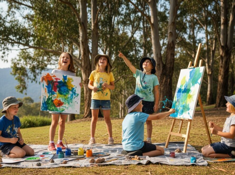 An energetic, wide-angle shot of primary school children in Tecoma, Victoria, laughing and running through a field during an outdoor activity, expertly captured with vibrant school photography Tecoma Victoria, showcasing genuine joy under soft afternoon sun.