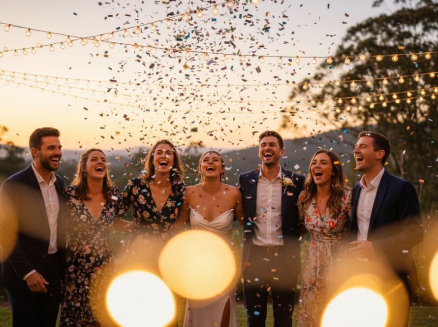 Vibrant Tremont party photography capturing authentic joy as guests burst into laughter, illuminated by warm string lights at an outdoor evening celebration, showcasing a genuine, unposed moment of happiness.