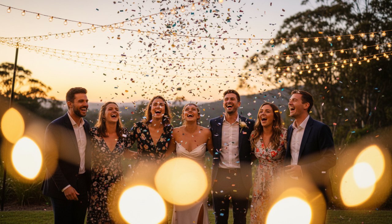 Vibrant Tremont party photography capturing authentic joy as guests burst into laughter, illuminated by warm string lights at an outdoor evening celebration, showcasing a genuine, unposed moment of happiness.