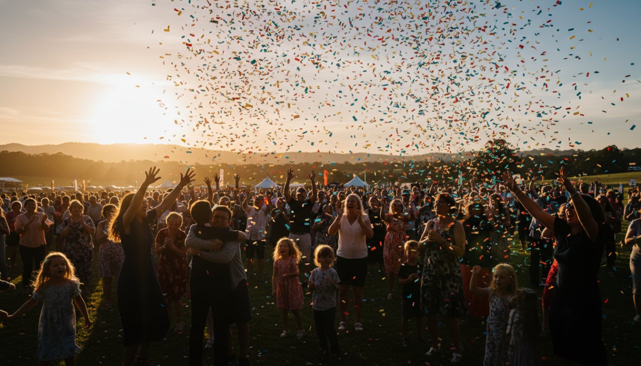 A wide shot capturing the vibrant Tremont Victoria outdoor event photography, featuring a dynamic group of people cheering enthusiastically amidst the lush greenery of a local park at sunset, conveying pure joy and connection.
