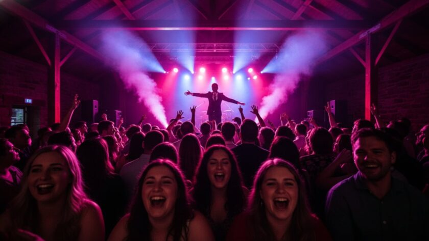 Dynamic wide shot capturing the vibrant Wandin East concert photography storytelling at a local venue, with a lead singer silhouetted against dramatic stage lights and a cheering crowd, conveying immense energy and atmosphere.