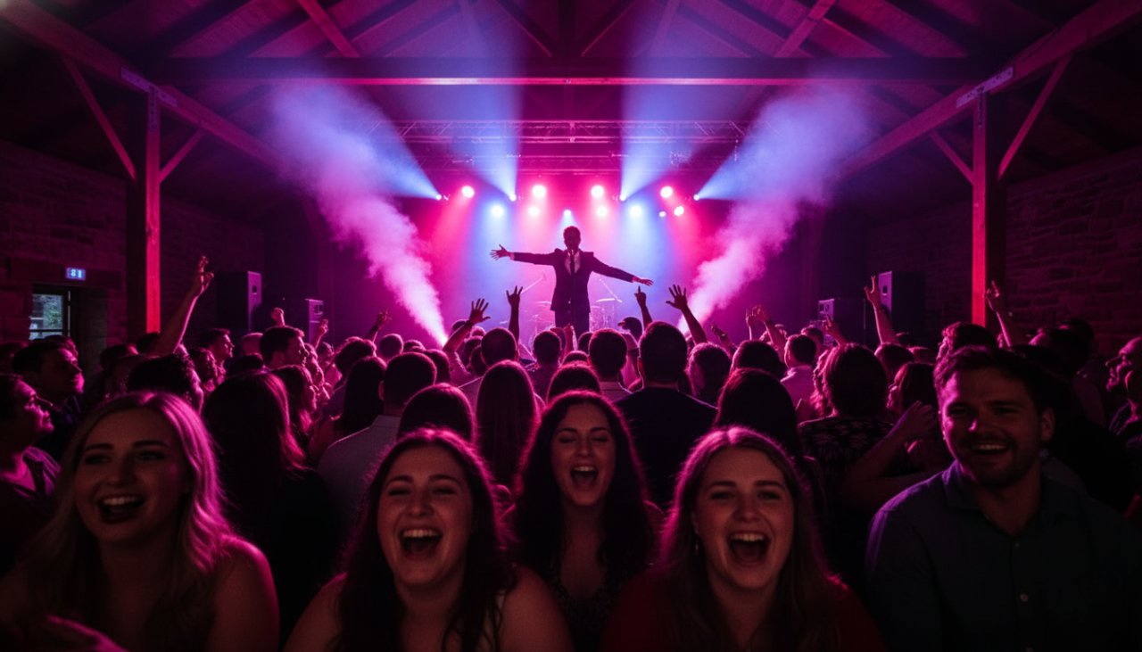 Dynamic wide shot capturing the vibrant Wandin East concert photography storytelling at a local venue, with a lead singer silhouetted against dramatic stage lights and a cheering crowd, conveying immense energy and atmosphere.