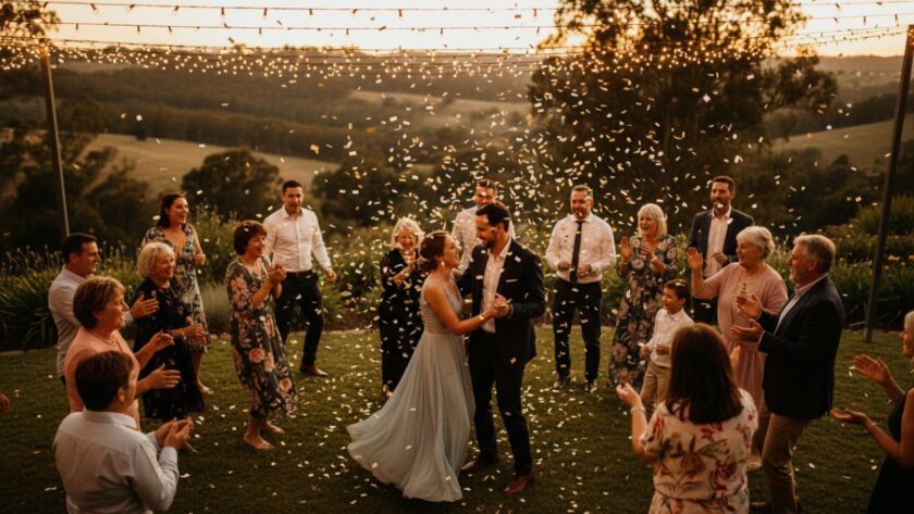 A vibrant Wandin North party photography capturing joy scene, showing guests laughing and dancing under string lights at sunset, with rolling hills in the background, expertly captured to reflect genuine happiness.