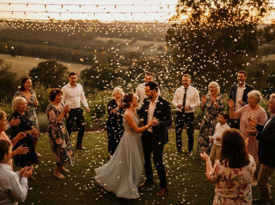 A vibrant Wandin North party photography capturing joy scene, showing guests laughing and dancing under string lights at sunset, with rolling hills in the background, expertly captured to reflect genuine happiness.