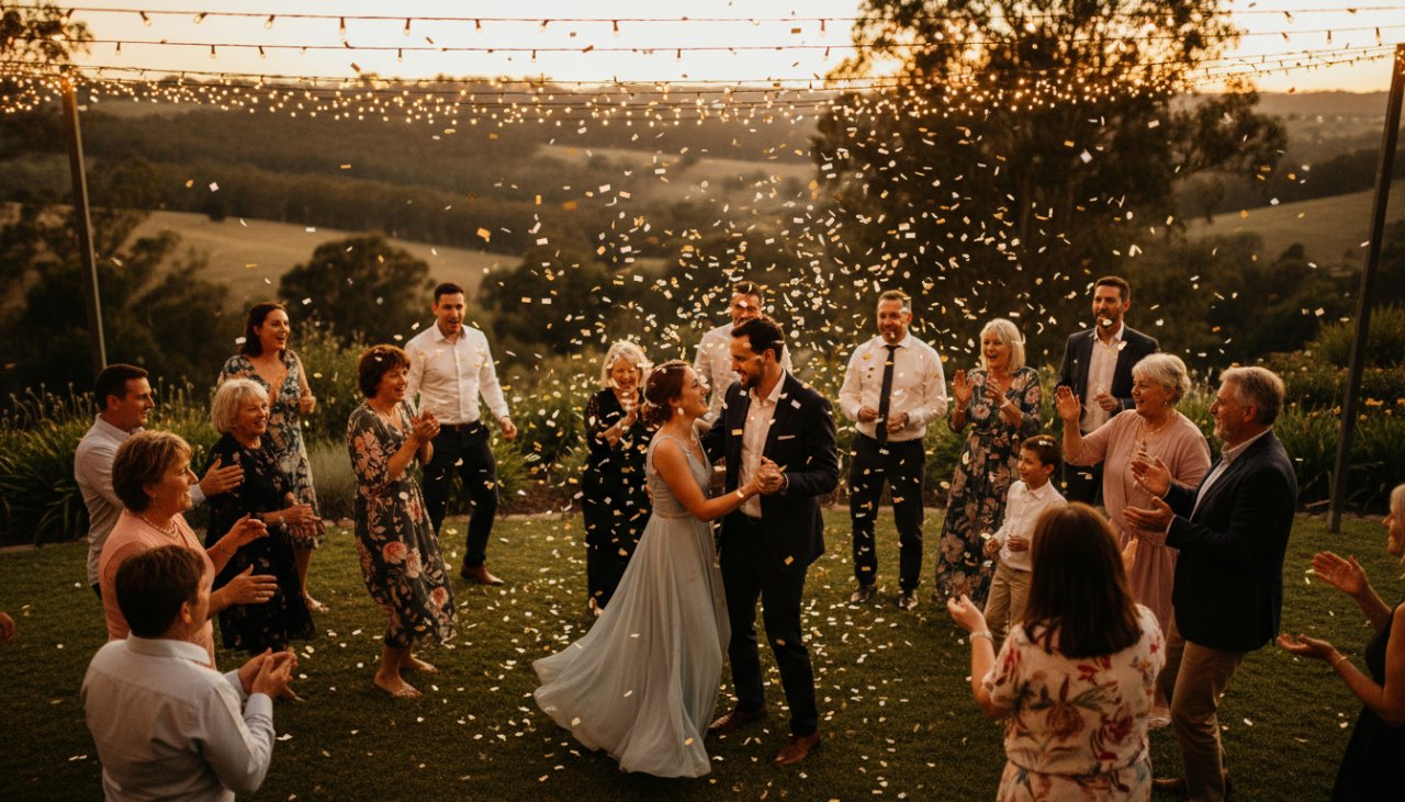A vibrant Wandin North party photography capturing joy scene, showing guests laughing and dancing under string lights at sunset, with rolling hills in the background, expertly captured to reflect genuine happiness.