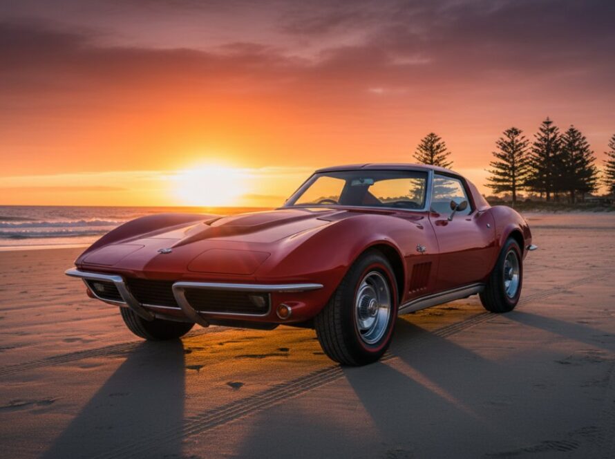 A breathtaking shot of a polished vintage convertible under a dramatic Balnarring Beach sunset, showcasing the elegant lines during an epic moment of vintage car photography Balnarring Beach sunset, with golden light reflecting off the chrome.