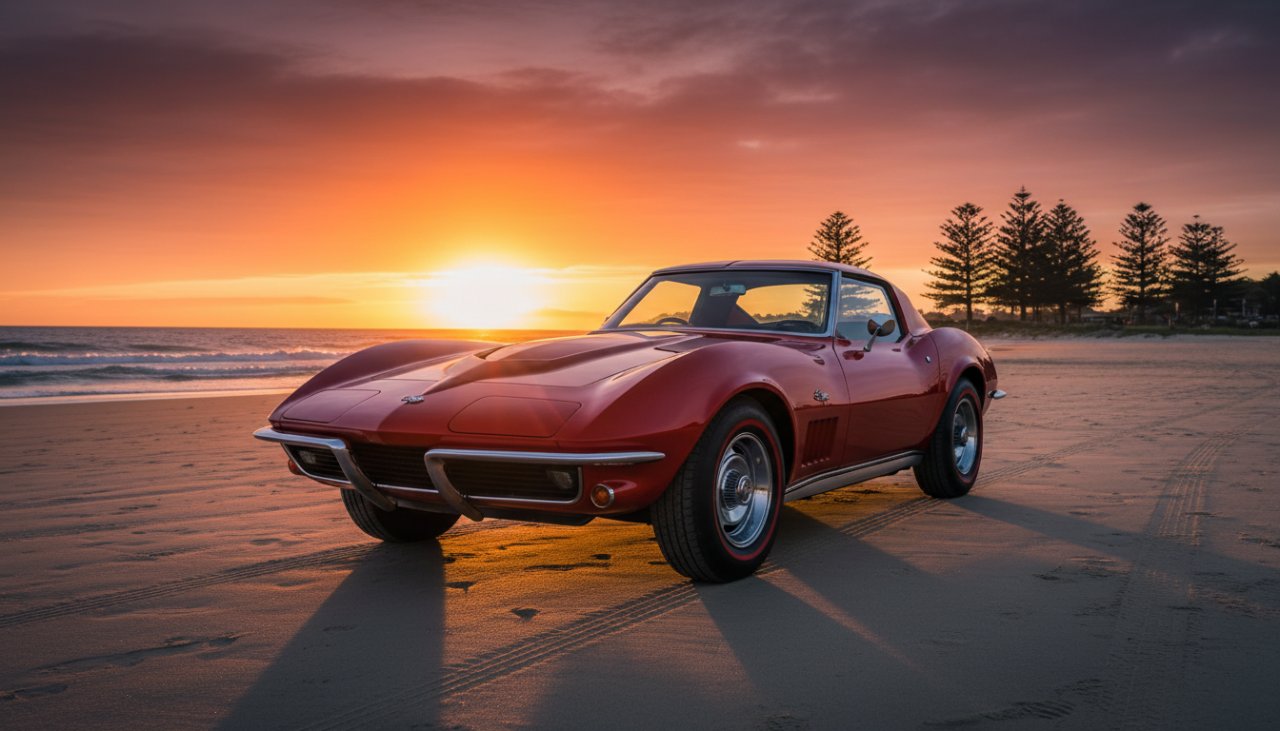 A breathtaking shot of a polished vintage convertible under a dramatic Balnarring Beach sunset, showcasing the elegant lines during an epic moment of vintage car photography Balnarring Beach sunset, with golden light reflecting off the chrome.