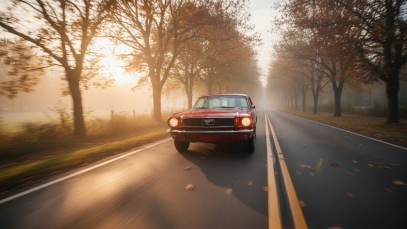 A classic vintage car, polished to a gleam, speeding along a winding road amidst the autumn colours of the Clematis Victorian hills at sunset, captured with expert vintage car photography Clematis Victorian hills techniques, evoking speed and timeless elegance.