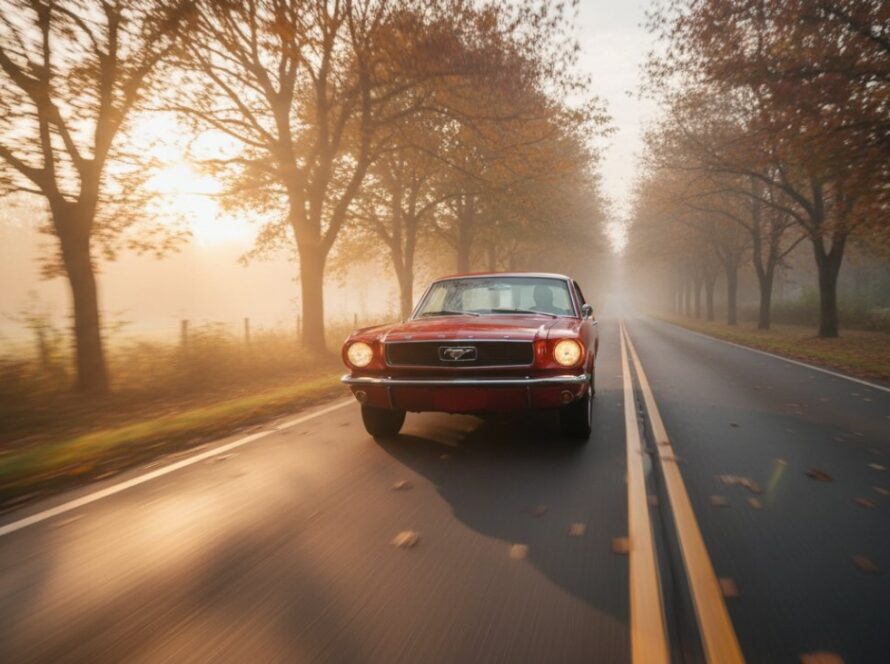 A classic vintage car, polished to a gleam, speeding along a winding road amidst the autumn colours of the Clematis Victorian hills at sunset, captured with expert vintage car photography Clematis Victorian hills techniques, evoking speed and timeless elegance.