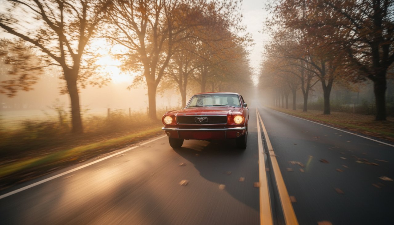 A classic vintage car, polished to a gleam, speeding along a winding road amidst the autumn colours of the Clematis Victorian hills at sunset, captured with expert vintage car photography Clematis Victorian hills techniques, evoking speed and timeless elegance.