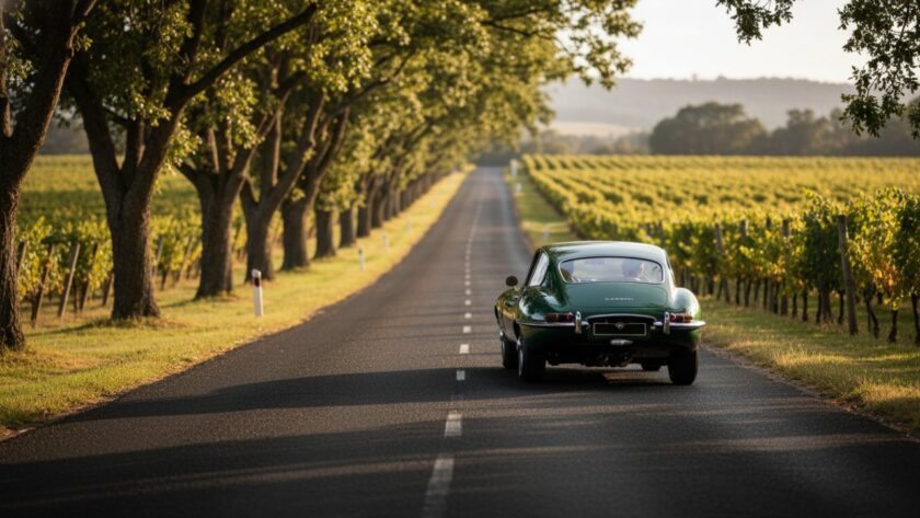 An epic moment of a gleaming red vintage sports car driving through a sun-drenched vineyard road in Gruyere, Victoria, expertly captured in a wide shot, showcasing the essence of vintage car photography Gruyere vineyard roads.