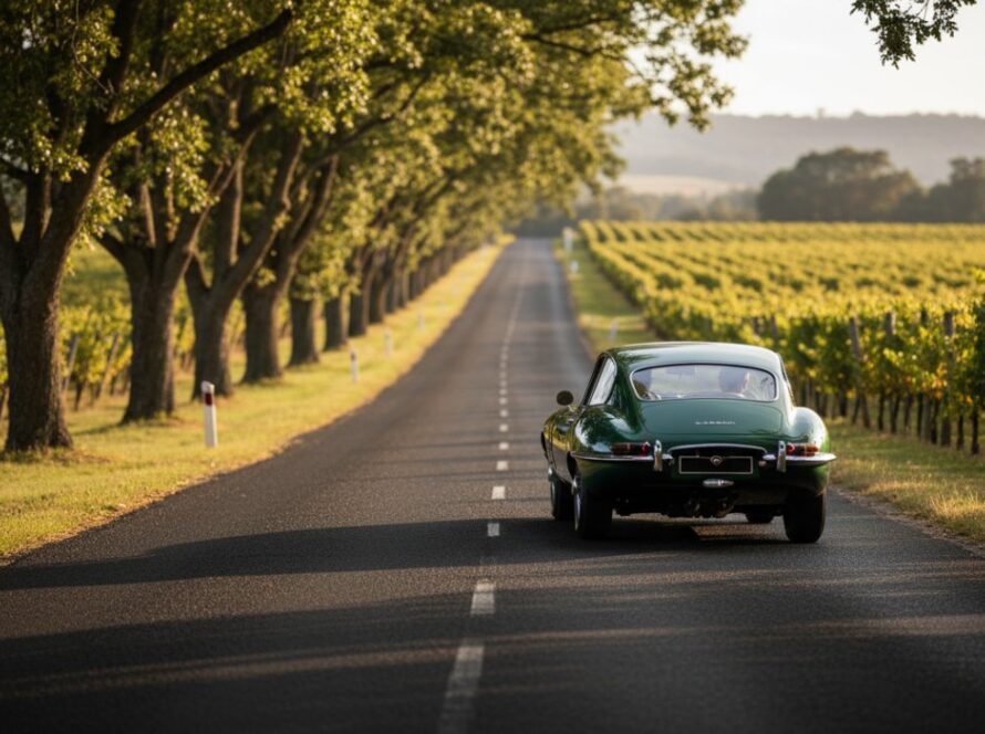 An epic moment of a gleaming red vintage sports car driving through a sun-drenched vineyard road in Gruyere, Victoria, expertly captured in a wide shot, showcasing the essence of vintage car photography Gruyere vineyard roads.