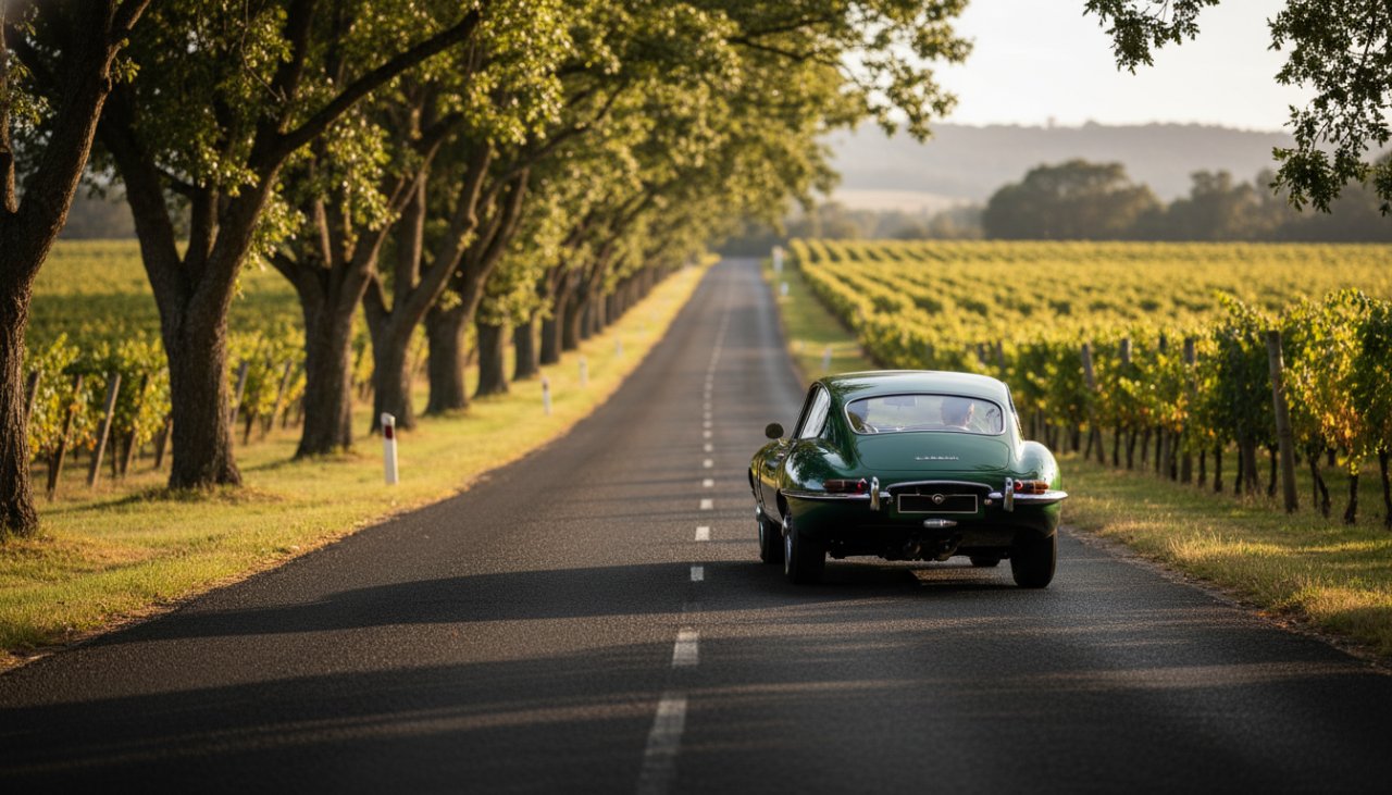 An epic moment of a gleaming red vintage sports car driving through a sun-drenched vineyard road in Gruyere, Victoria, expertly captured in a wide shot, showcasing the essence of vintage car photography Gruyere vineyard roads.