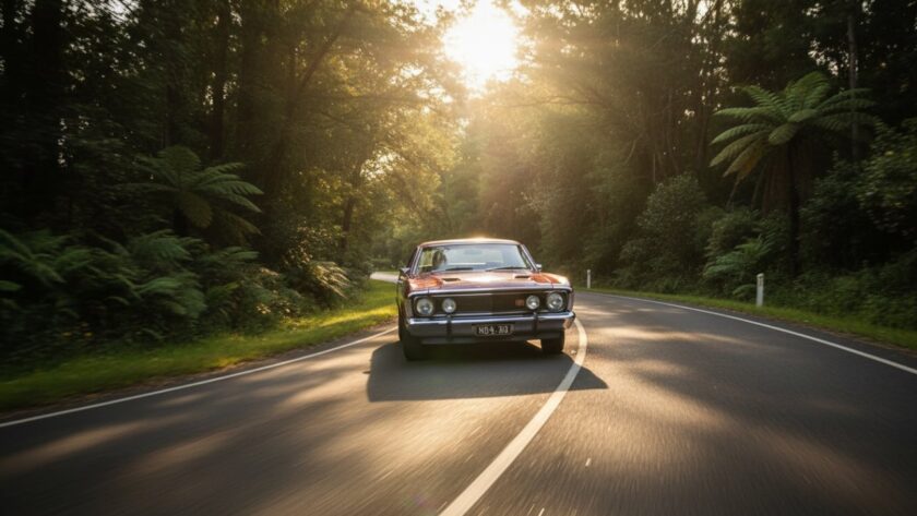 An epic moment captured: a gleaming vintage muscle car driving gracefully along a winding scenic route in The Patch at sunset, showcasing professional vintage car photography The Patch scenic routes expertise.