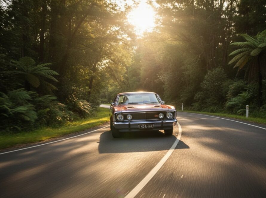 An epic moment captured: a gleaming vintage muscle car driving gracefully along a winding scenic route in The Patch at sunset, showcasing professional vintage car photography The Patch scenic routes expertise.