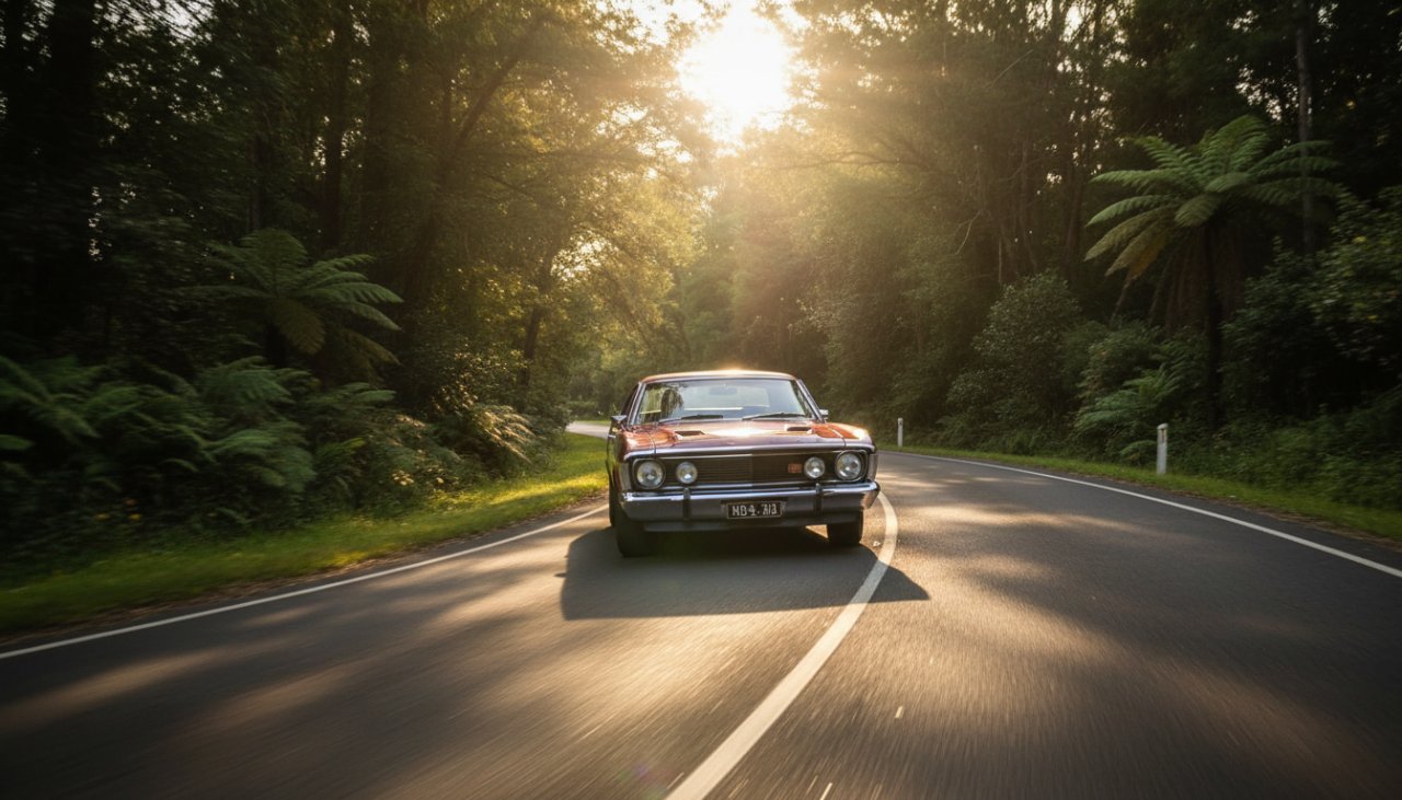 An epic moment captured: a gleaming vintage muscle car driving gracefully along a winding scenic route in The Patch at sunset, showcasing professional vintage car photography The Patch scenic routes expertise.