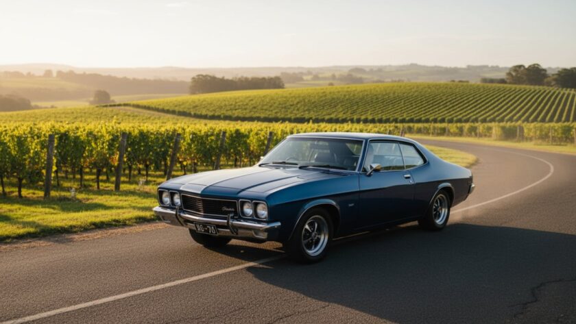 A meticulously restored vintage Holden cruizing through the sun-drenched Yering vineyards at golden hour, its polished chrome glinting under the warm light, captured from a dynamic low angle in an epic moment of motion, highlighting the scenic Victorian landscape.