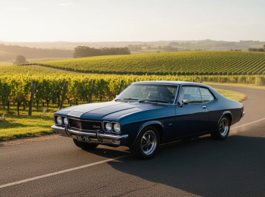 A meticulously restored vintage Holden cruizing through the sun-drenched Yering vineyards at golden hour, its polished chrome glinting under the warm light, captured from a dynamic low angle in an epic moment of motion, highlighting the scenic Victorian landscape.